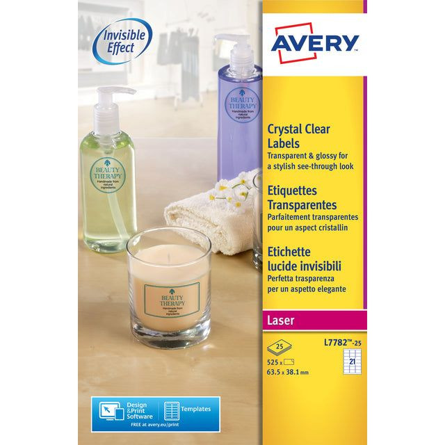 Avery transparante Crystal Clear etiketten ft 63,5 x 38,1 mm, 525 etiketten, 21 per vel