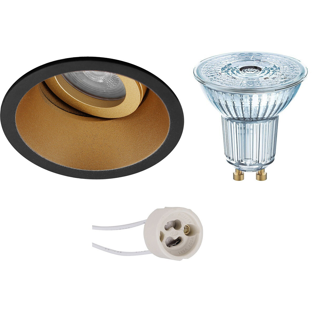 LED Spot Set - LEDVANCE Parathom PAR16 930 36D - Pragmi Zano Pro - GU10 Fitting - Dimbaar - Inbouw Rond - Mat Zwart/Goud - 3.7W - Warm Wit 3000K - Kantelbaar - Ø93mm