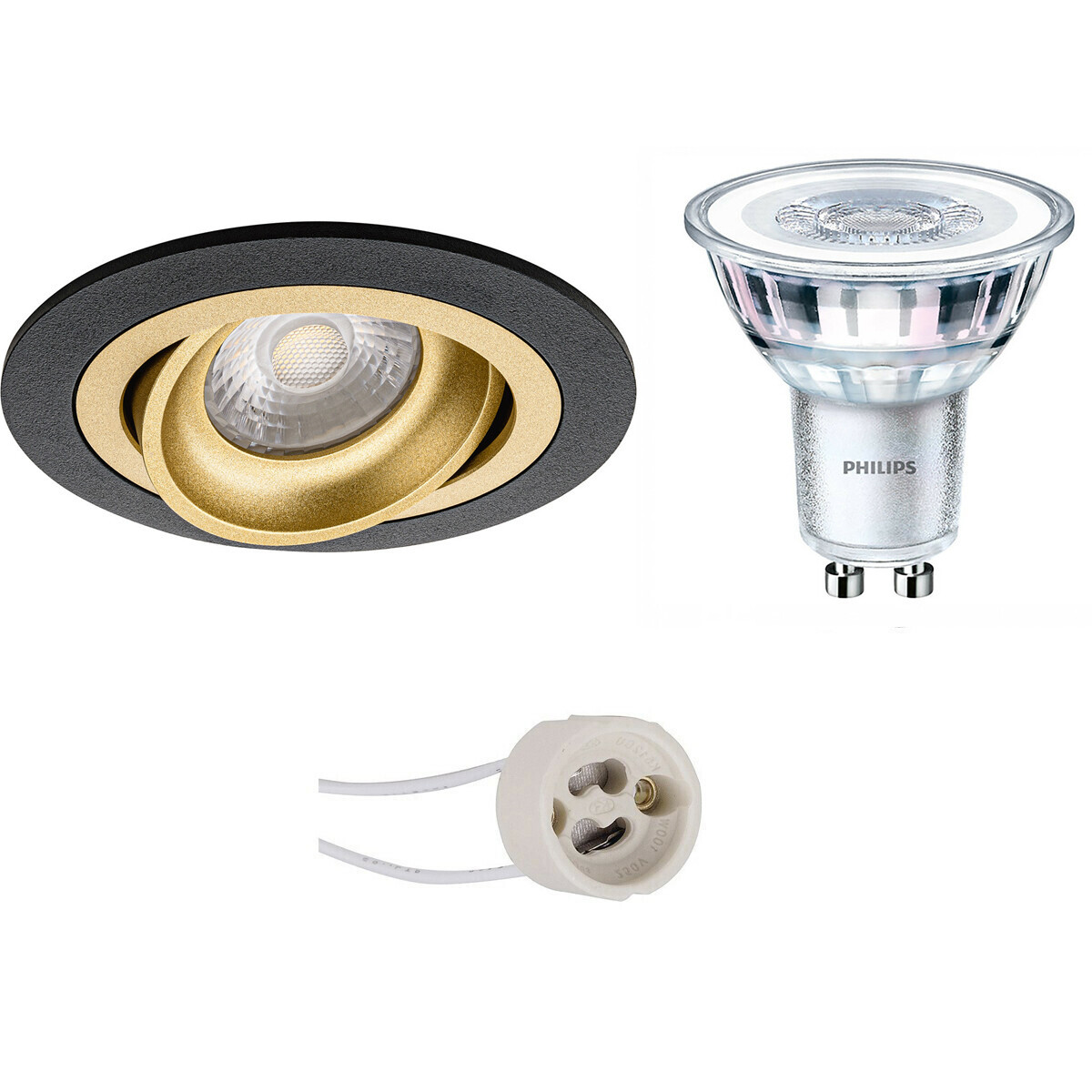 LED Spot Set - Pragmi Alpin Pro - GU10 Fitting - Inbouw Rond - Mat Zwart/Goud - Kantelbaar Ø92mm - Philips - CorePro 827 36D - 4W - Warm Wit 2700K - Dimbaar