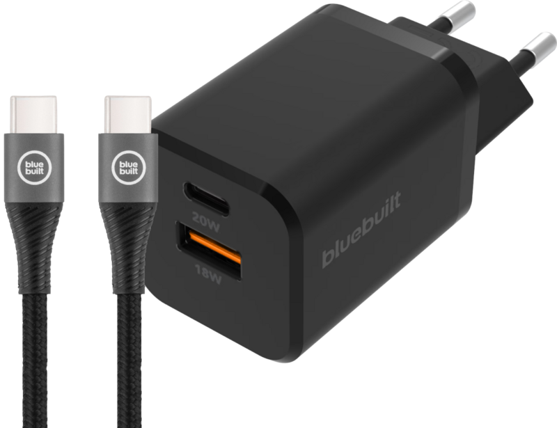 BlueBuilt Snellader met 2 Usb Poorten 38W Zwart + Usb C Kabel 1,5m