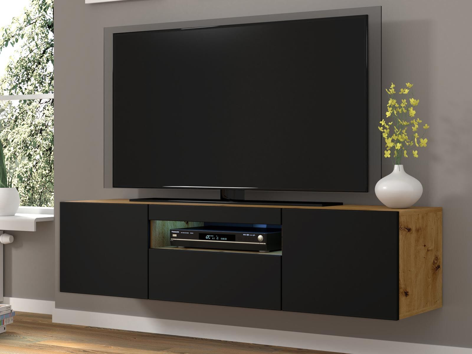 Tv-meubel AUREO 3 deuren 150 cm artisan eik/zwart met led