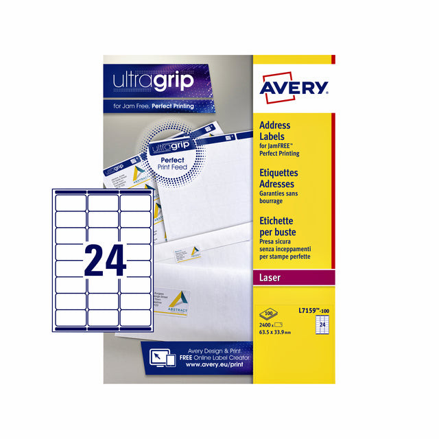 Avery L7159, Adresetiketten, Laser, Ultragrip, wit, 100 vellen, 24 per vel, 63,5 x 33,9 mm