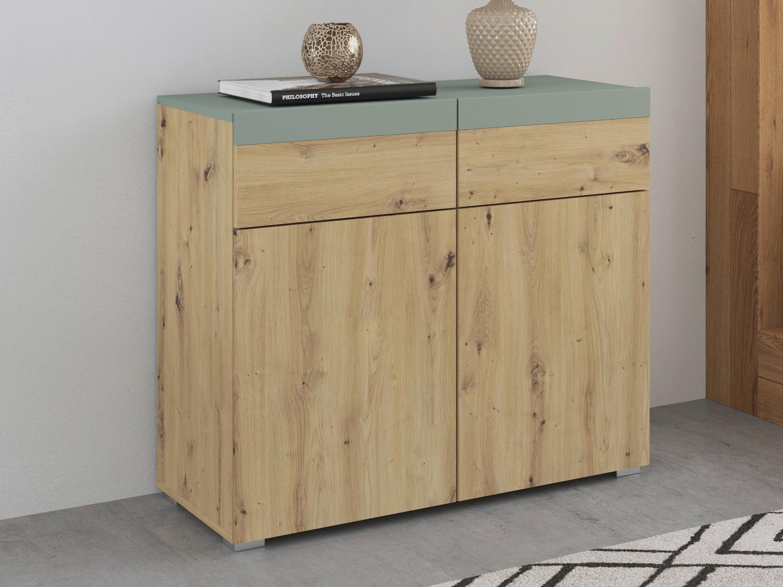 Commode SALDARINI 2 deuren 2 lades artisan eik/saliegroen