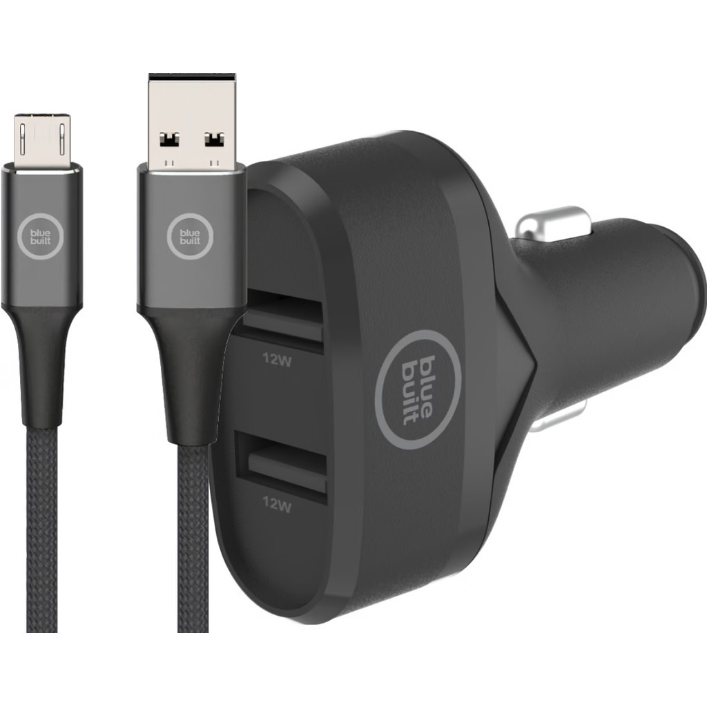 BlueBuilt Autolader met 2 Usb A Poorten 12W + Micro Usb Kabel 1,5m Nylon Zwart