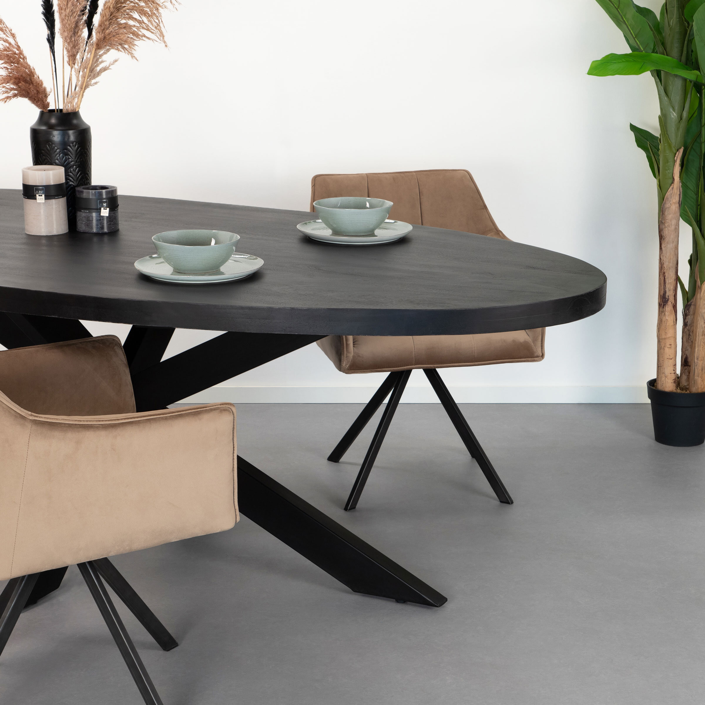 LivingFurn Ovale Eettafel Kala Spider Mangohout en staal, 240 x 110cm - zwart - Ovaal