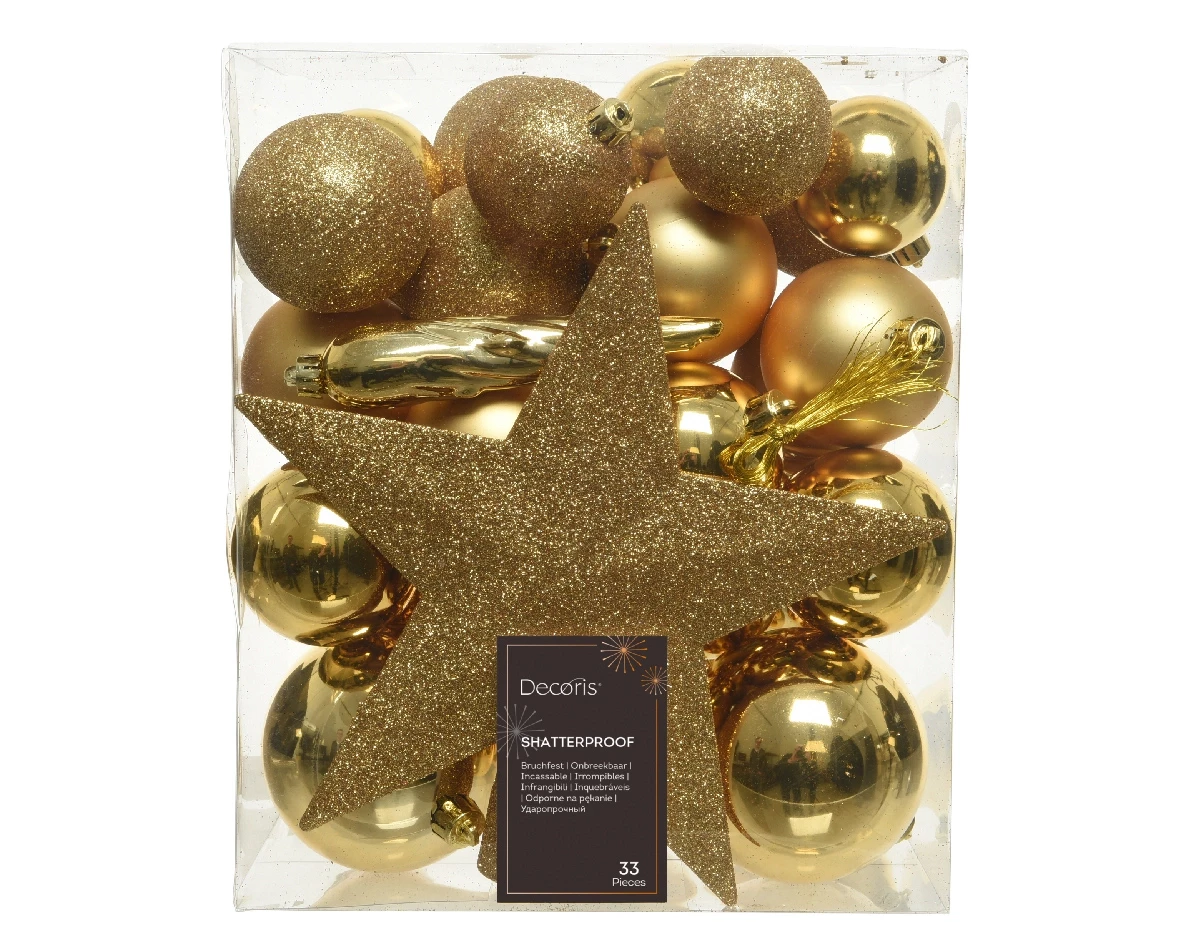 Decoris kerstballen Plastic mix+piek 33st licht goud