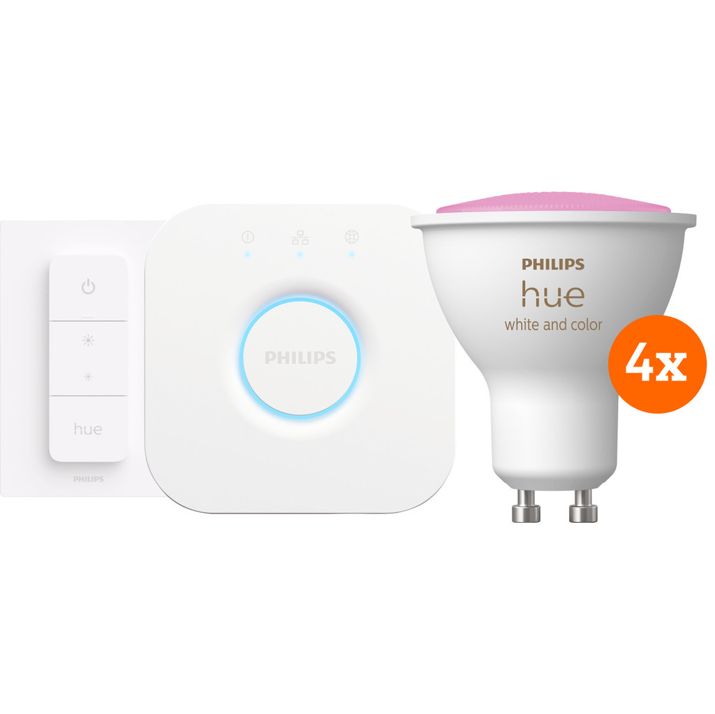 Philips Hue White and Color Starter Pack GU10 met 4 lampen, dimmer + bridge