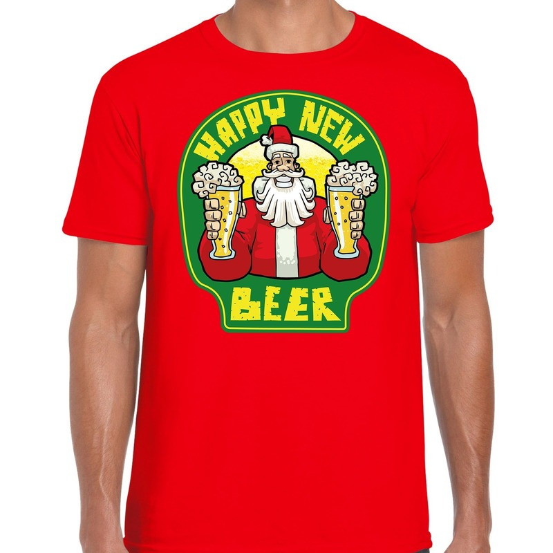 Fout Nieuwjaar / Kerstshirt happy new beer / bier rood heren