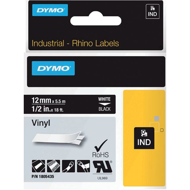 Dymo RHINO vinyltape 12 mm, wit op zwart