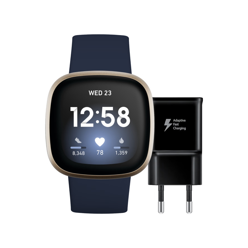 Fitbit Versa 3 Blauw/Goud + Samsung Adaptive Fast Charging Oplader 15W Zwart