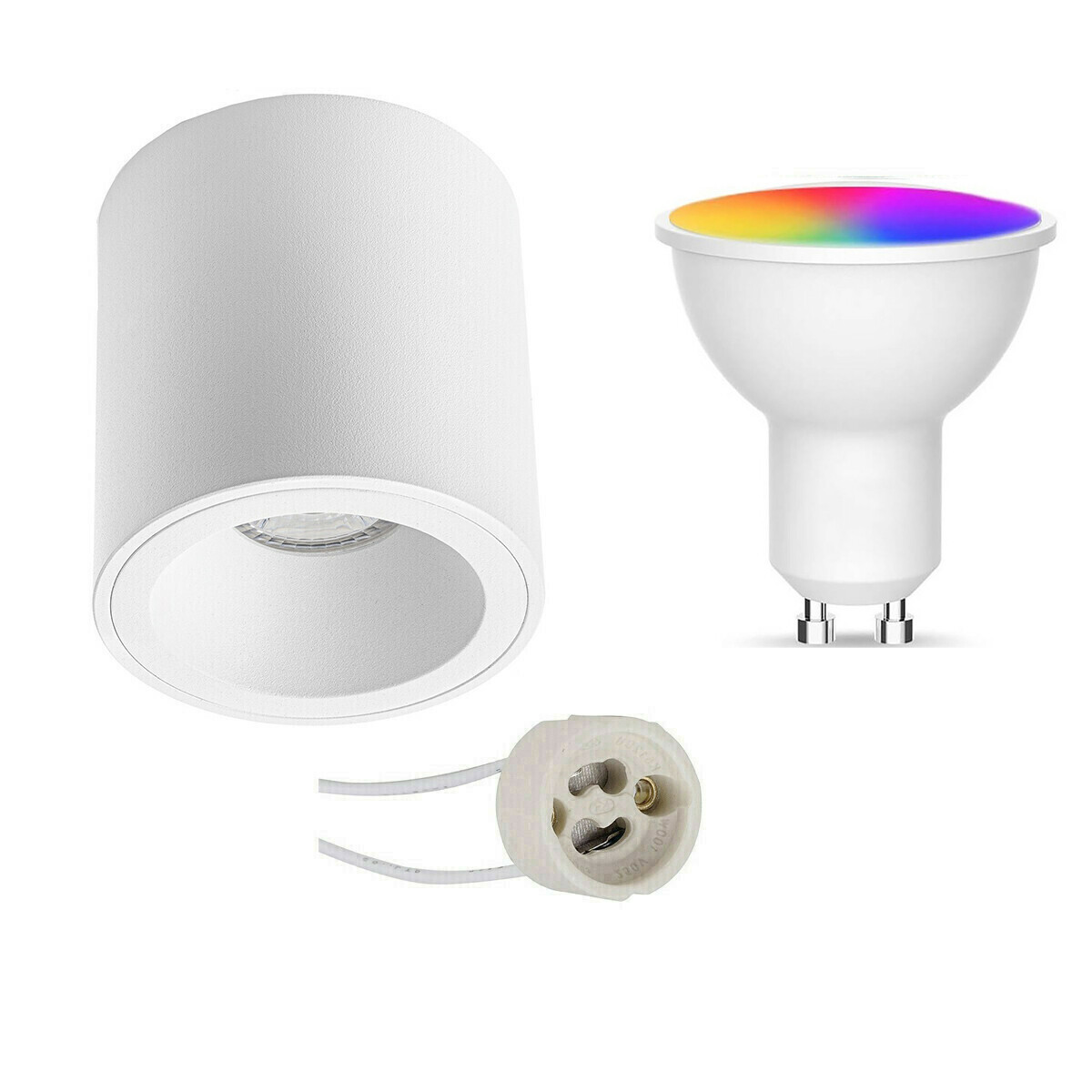 Opbouwspot Set GU10 - Facto - Smart LED - Wifi LED - Slimme LED - 5W - RGB+CCT - Aanpasbare Kleur - Dimbaar - Pragmi Cliron Pro - Opbouw Rond - Mat Wit - Verdiept - Ø90mm