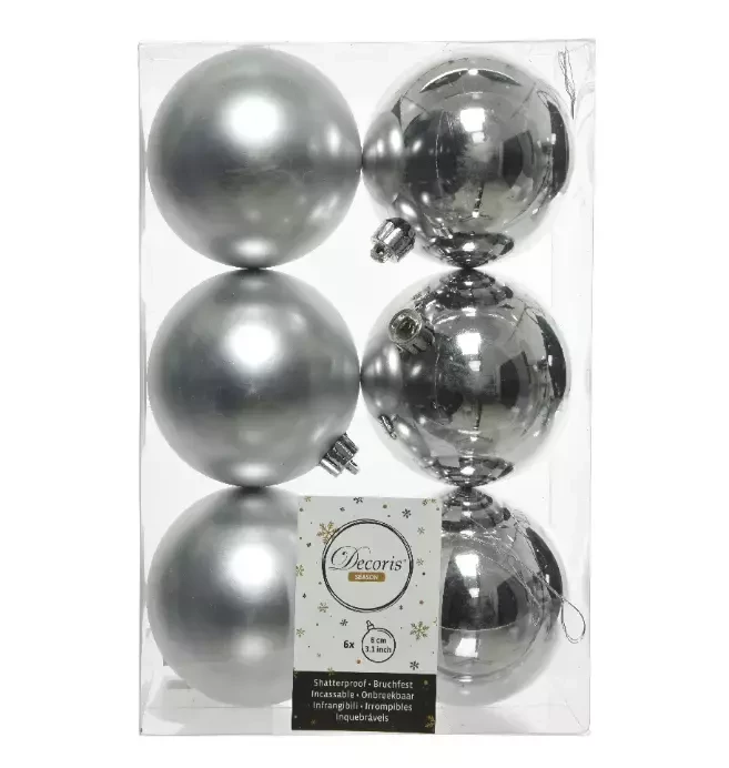 Decoris kerstballen plastic set zilver 8cm 6st