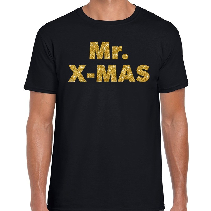 Foute Kerst t-shirt Mr X-mas goud glitter / zwart heren