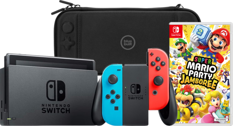 Nintendo Switch Rood/Blauw + Mario Party Jamboree + BlueBuilt Beschermhoes