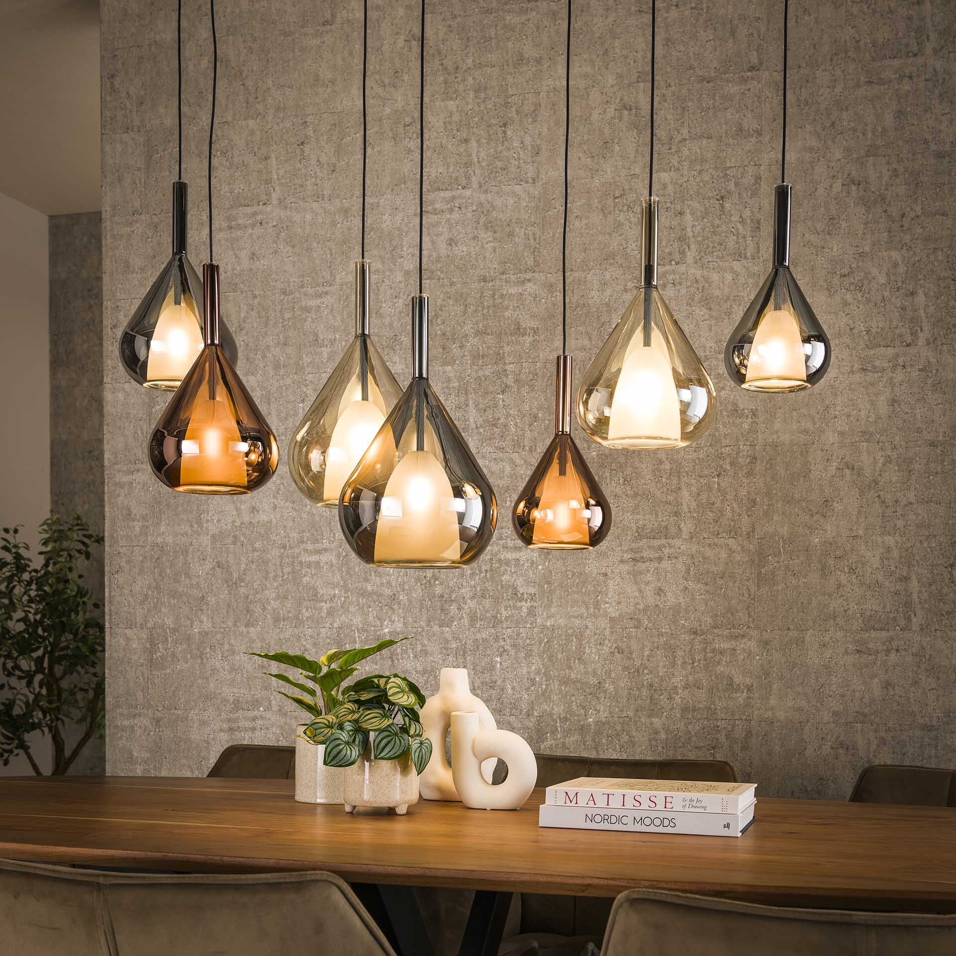 LifestyleFurn Hanglamp Cristine Glas, 4+3-lamps - Zwart