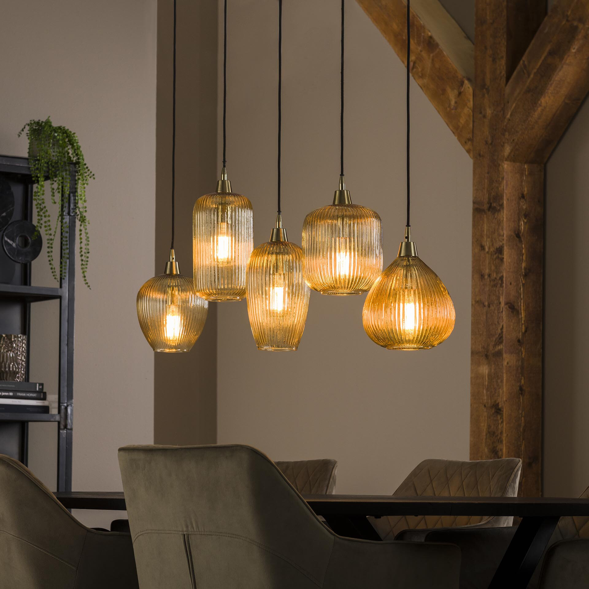 LifestyleFurn Hanglamp 'Zarek' Glas 5-lamps, kleur Amber