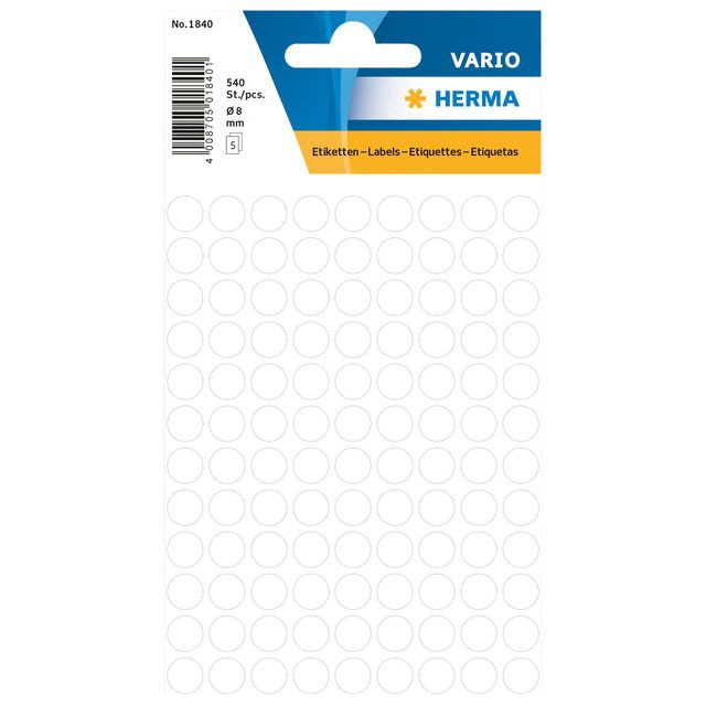 Etiket HERMA 1840 rond 8mm wit 540stuks | Blister a 5 vel