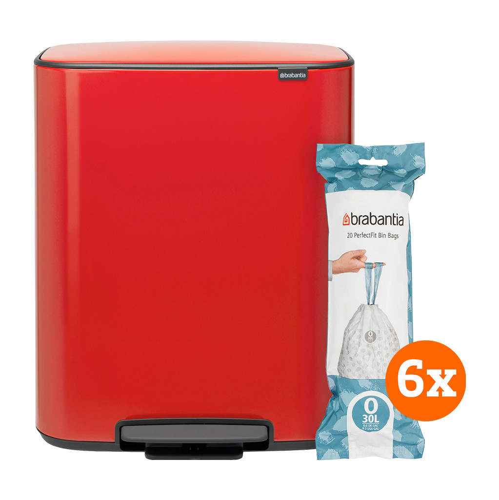 Brabantia Bo Pedal Bin 2 x 30 Liter Passion Red + Vuilniszakken (120 stuks)