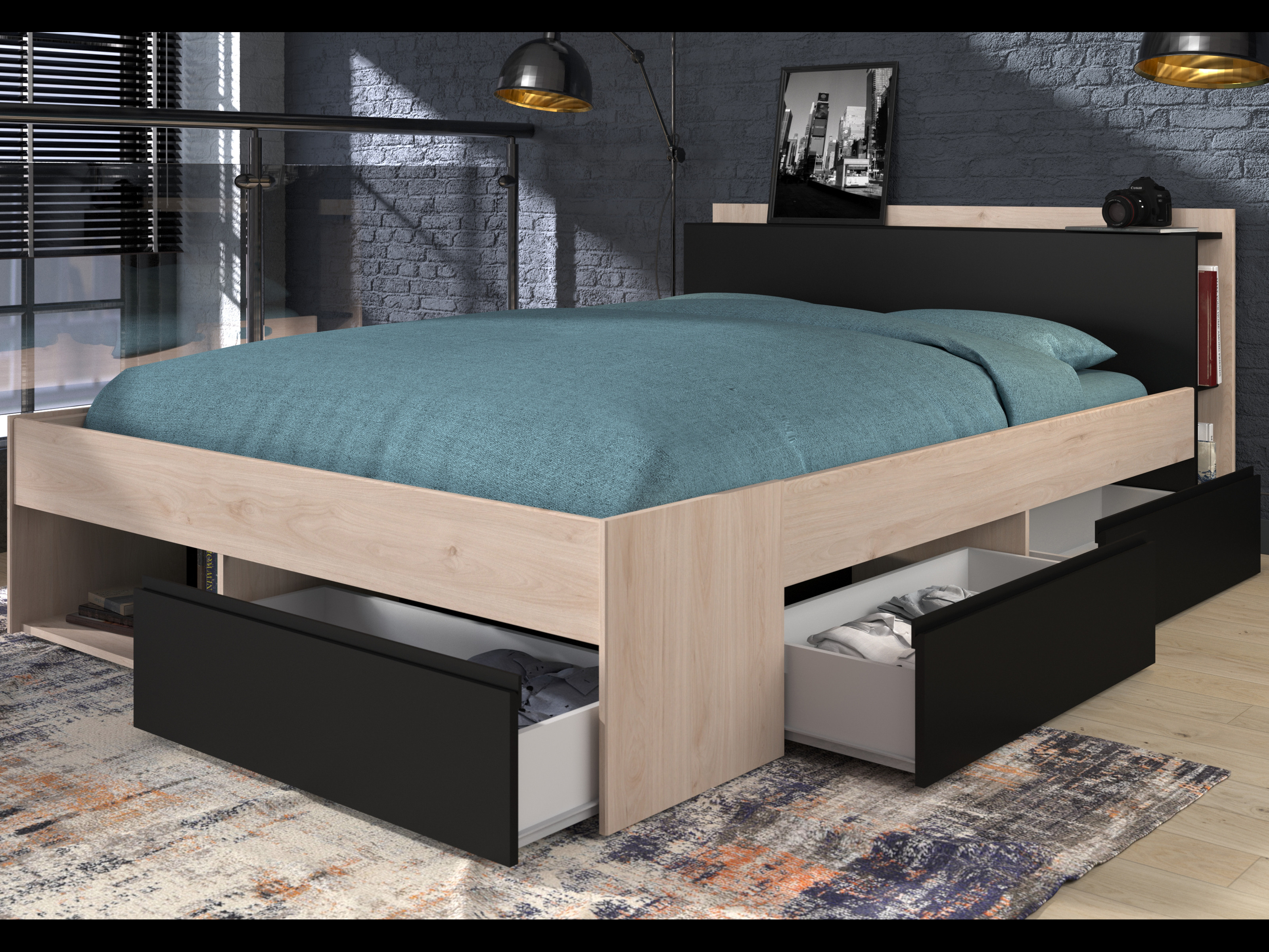 Tweepersoonsbed NOE 160x200 cm jackson/zwart met lades