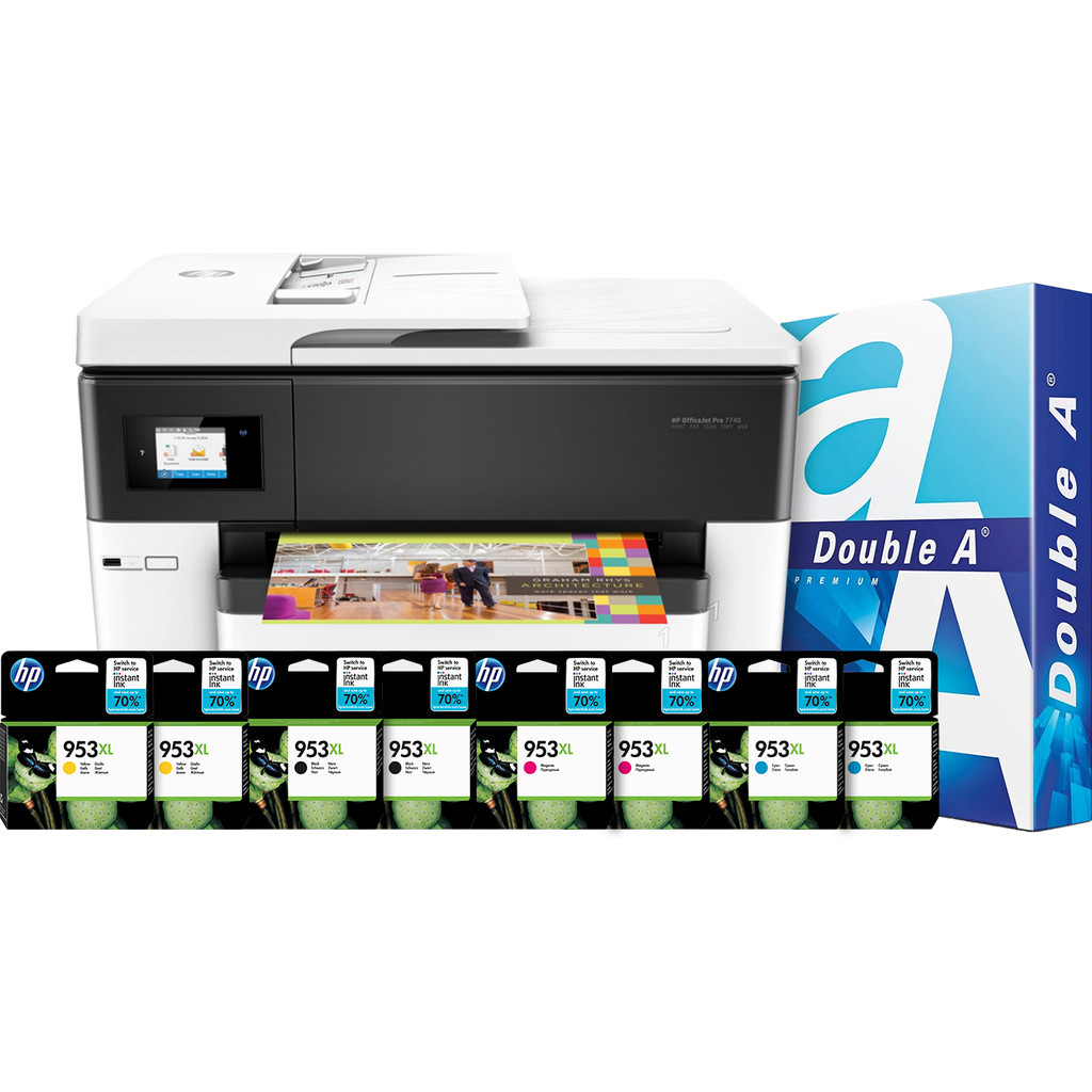 HP Officejet 7740 + 2 set extra inkt + 500 vellen A4 papier