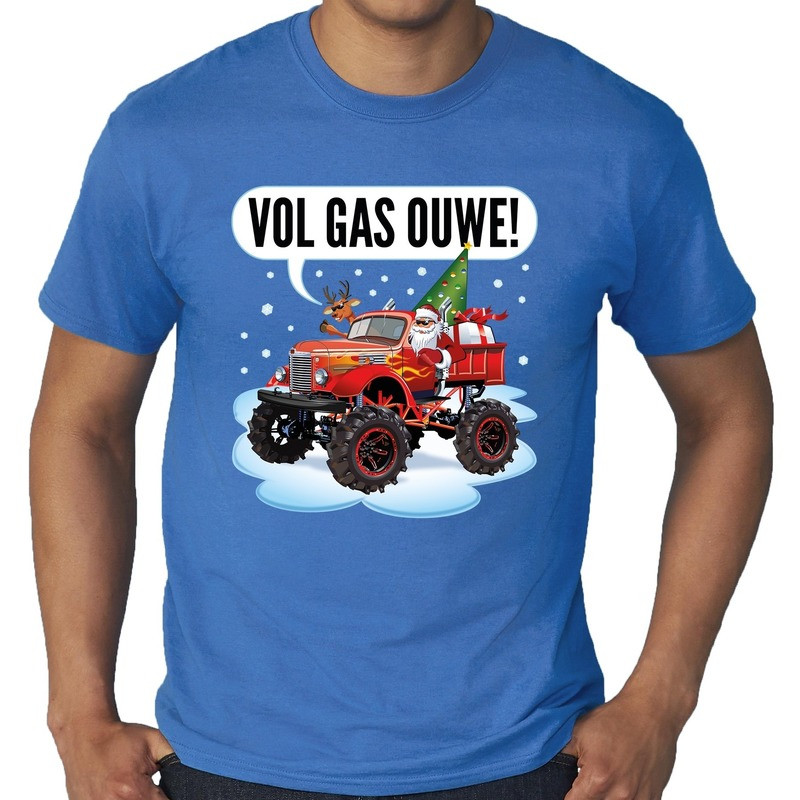 Grote maten kerst shirt Monstertruck Santa blauw voor heren