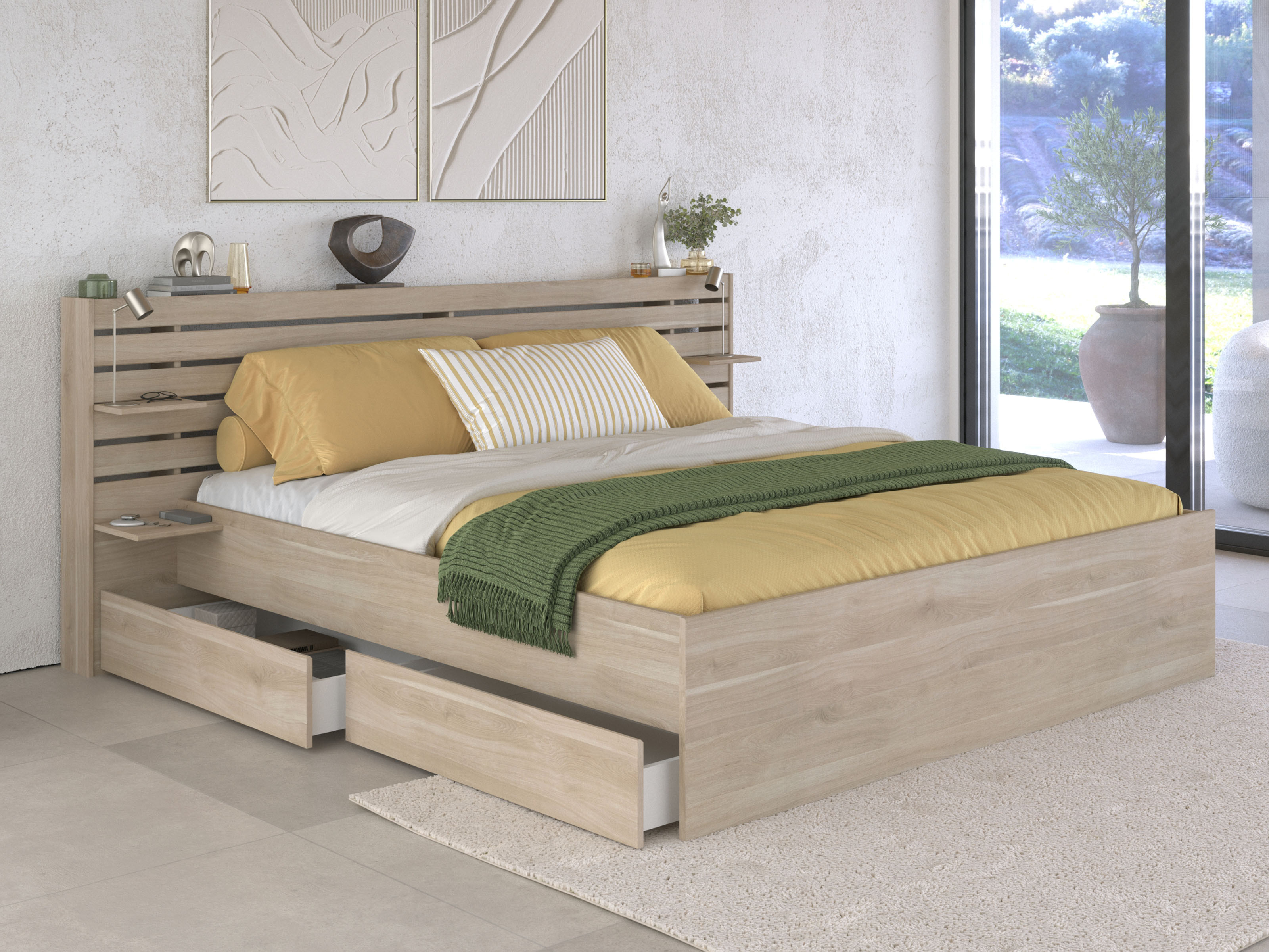 Tweepersoonsbed ESCAPE 160x200 cm japanse eik met 2 lades