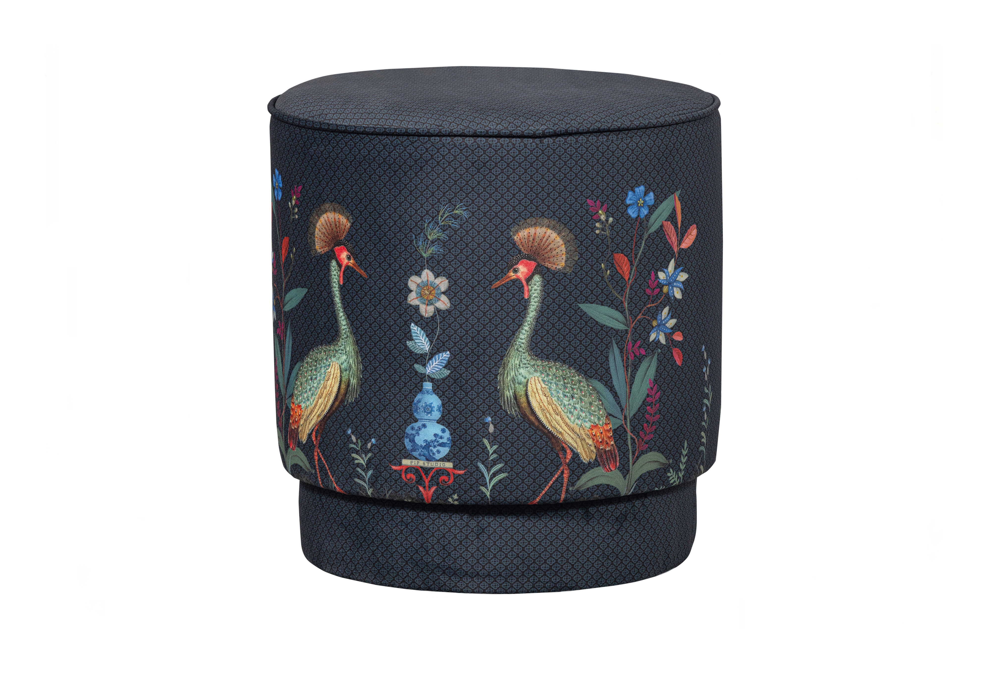 Pip Studio Poef Flirting Birds Velvet, 40cm - Blauw - Rond