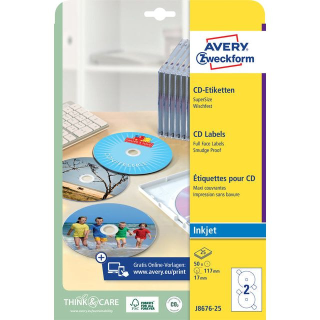 Etiket Avery J8676-25 CD mat wit 50stuks | Pak a 25 vel