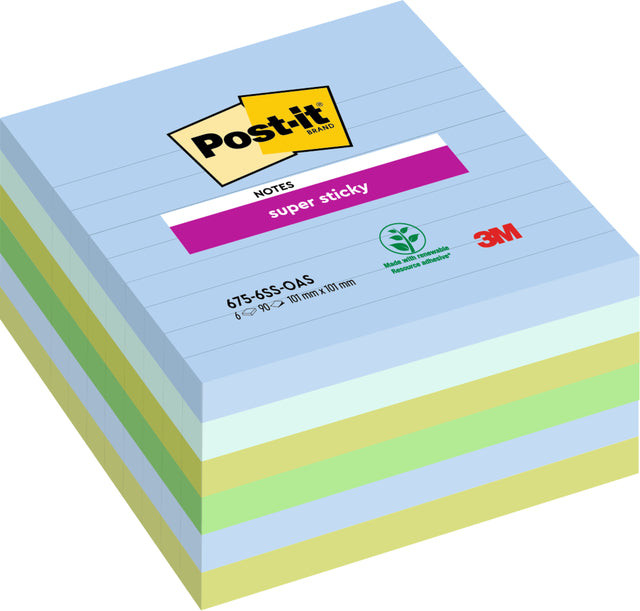 Post-it Super Sticky notes XL Oasis, 90 vel, ft 101 x 101 mm, gelijnd, geassorteerde kleuren, pak van 6 b