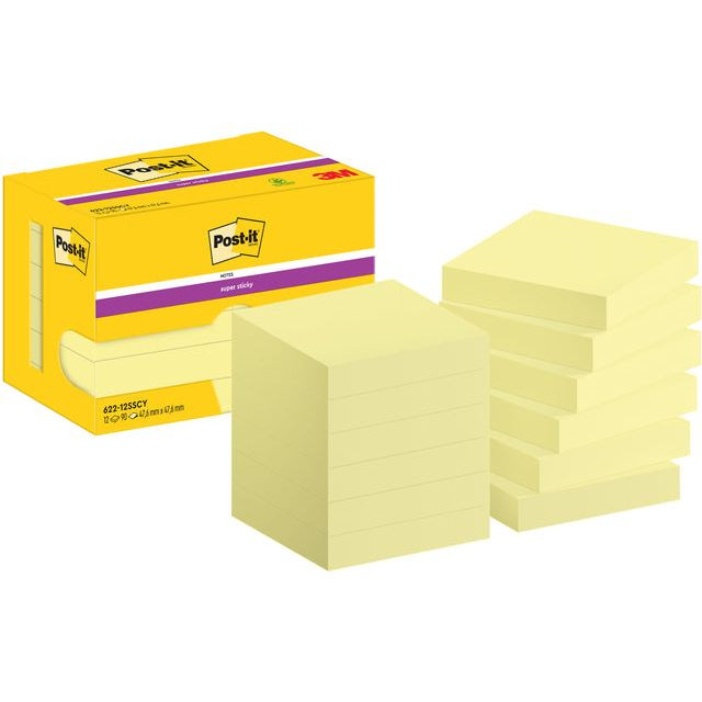 Post-It Super Sticky Notes, 90 vel, ft 47,6 x 47,6 mm, geel, pak van 12 blokken