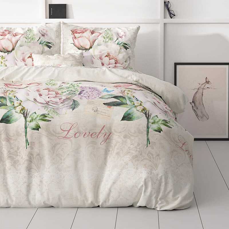 Dekbedovertrek Lovely Flower Dekbedovertrek - Tweepersoons (200x220 cm) - Beige Polyester-katoen - Dessin: Bloemen - Sleeptime - Dekbed-Discounter.nl