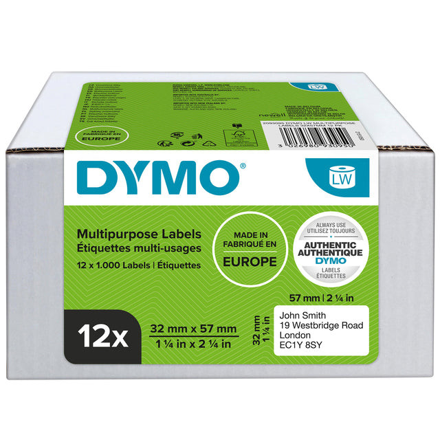 Dymo Value Pack: etiketten LabelWriter ft 57 x 32 mm, verwijderbaar, wit, doos van 12 x 1000 etiketten