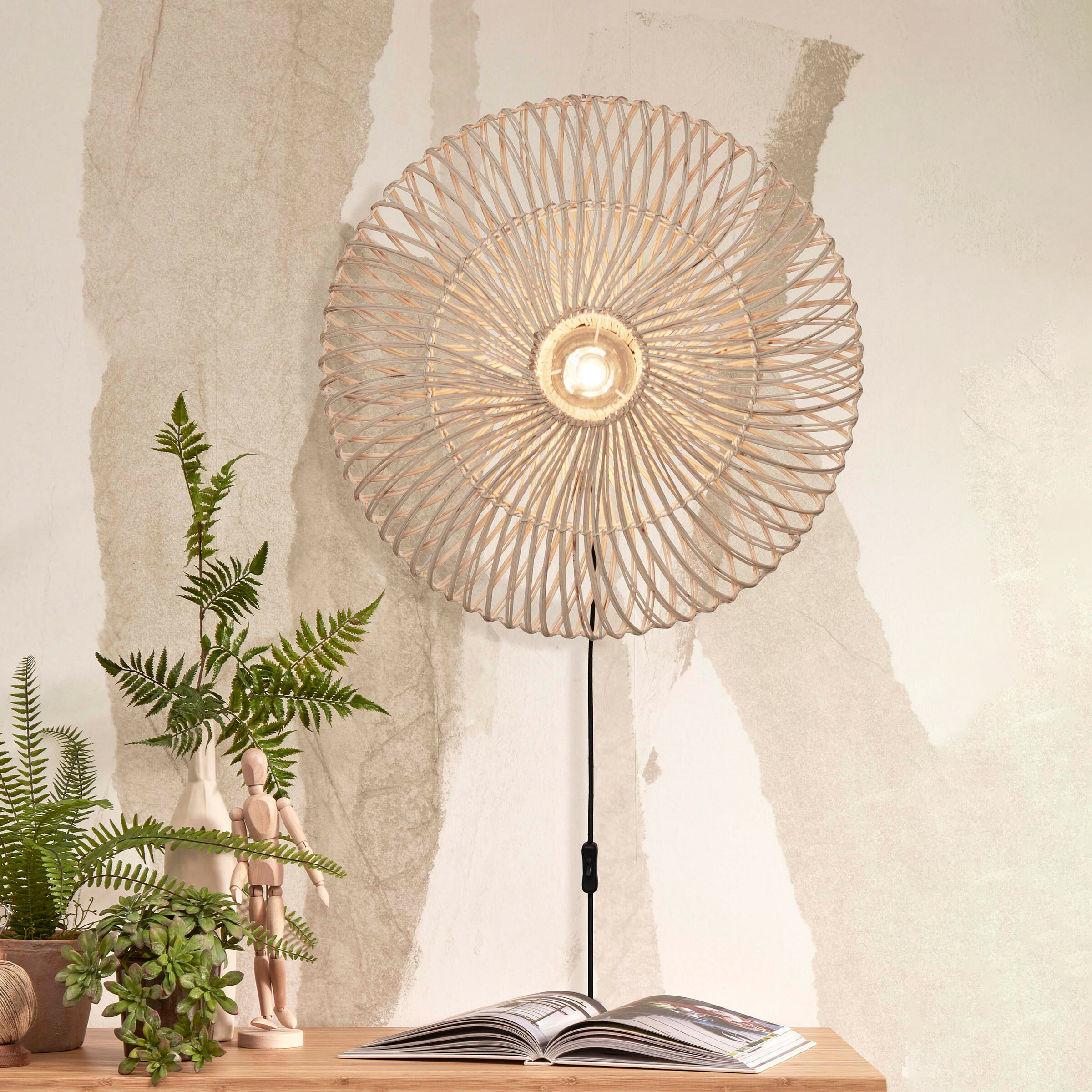 GOOD&MOJO Wandlamp Zanzibar Rotan, 55cm - Wit