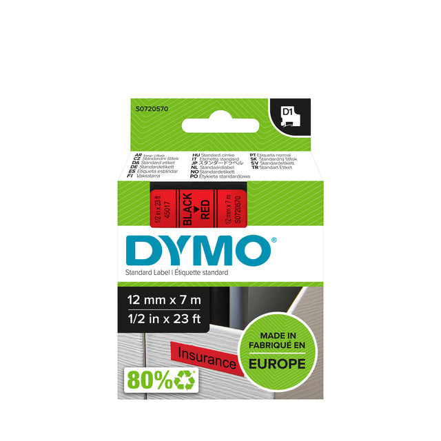 Dymo D1 tape 12 mm, zwart op rood