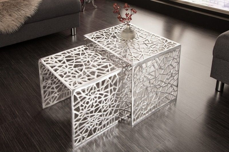 Handgemaakte salontafel ABSTRACT 49cm set van 2 zilver in Gap-design - 38965