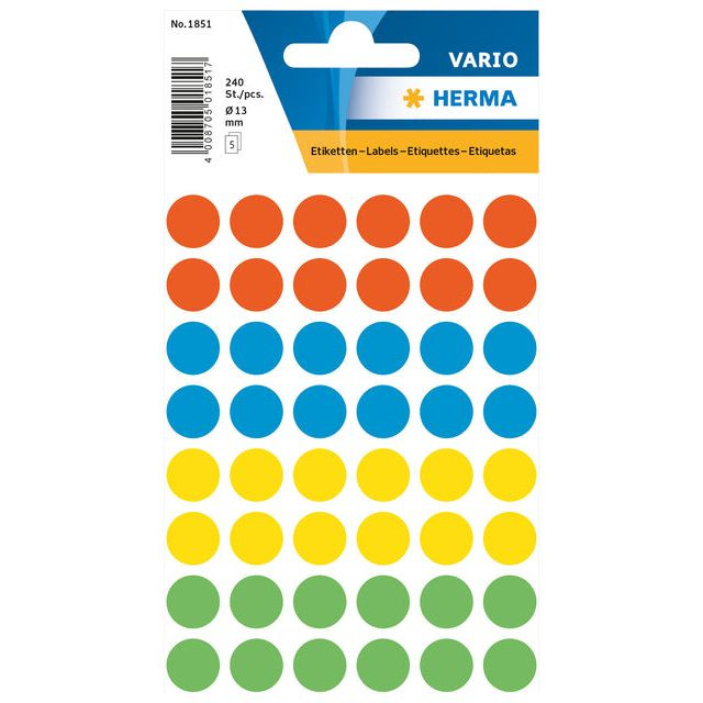 Etiket HERMA 1851 rond 12mm assorti 240stuks | Blister a 5 vel