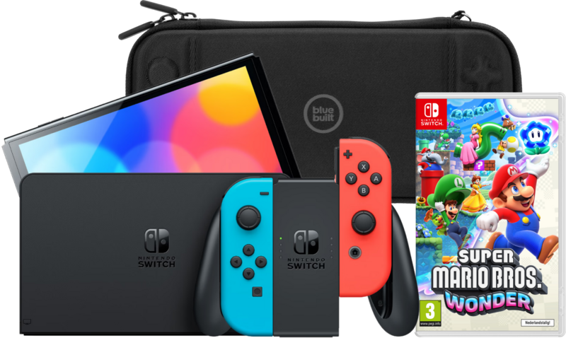 Nintendo Switch OLED Rood/Blauw + Super Mario Bros. Wonder + BlueBuilt Beschermhoes