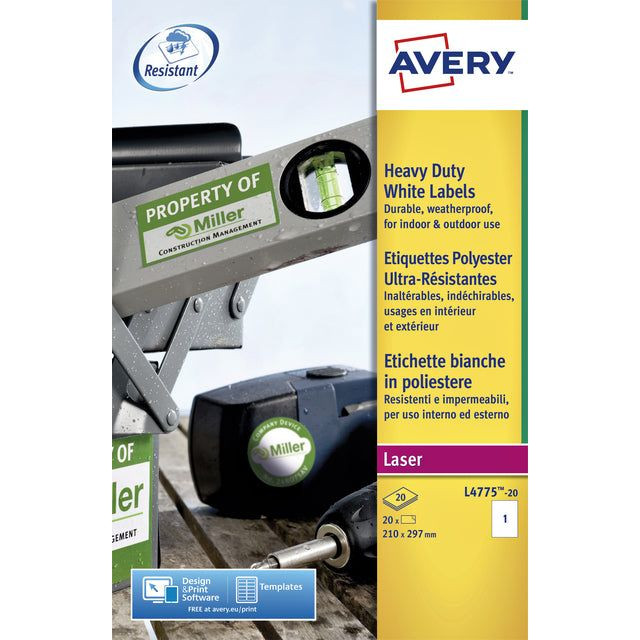 Etiket Avery L4775-20 210x297mm polyester wit 20stuks