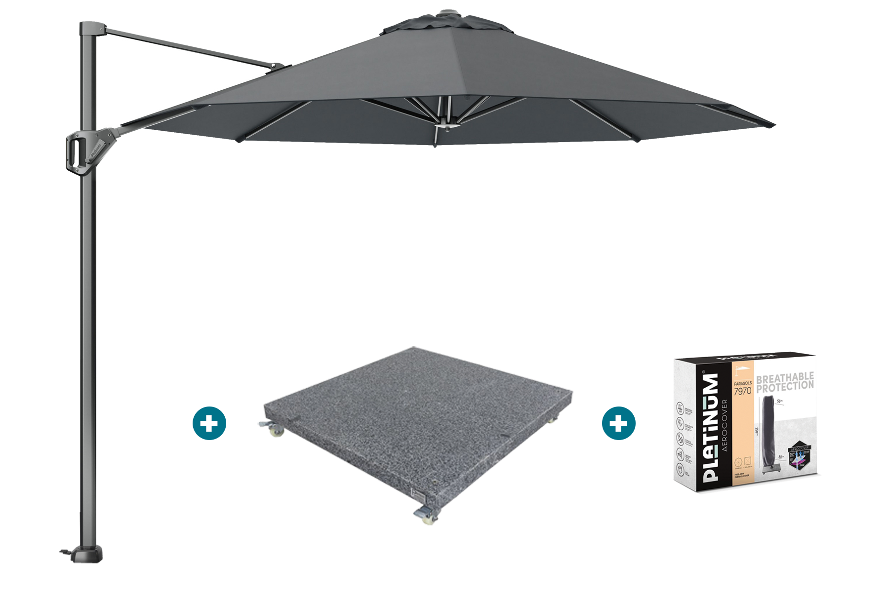 Platinum Voyager ronde zweefparasol T1 3 m. - Antraciet met voet en hoes