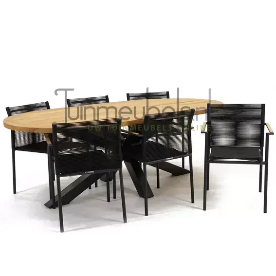 Tuinstoel Jakarta zwart met Mistral tafel 220 cm