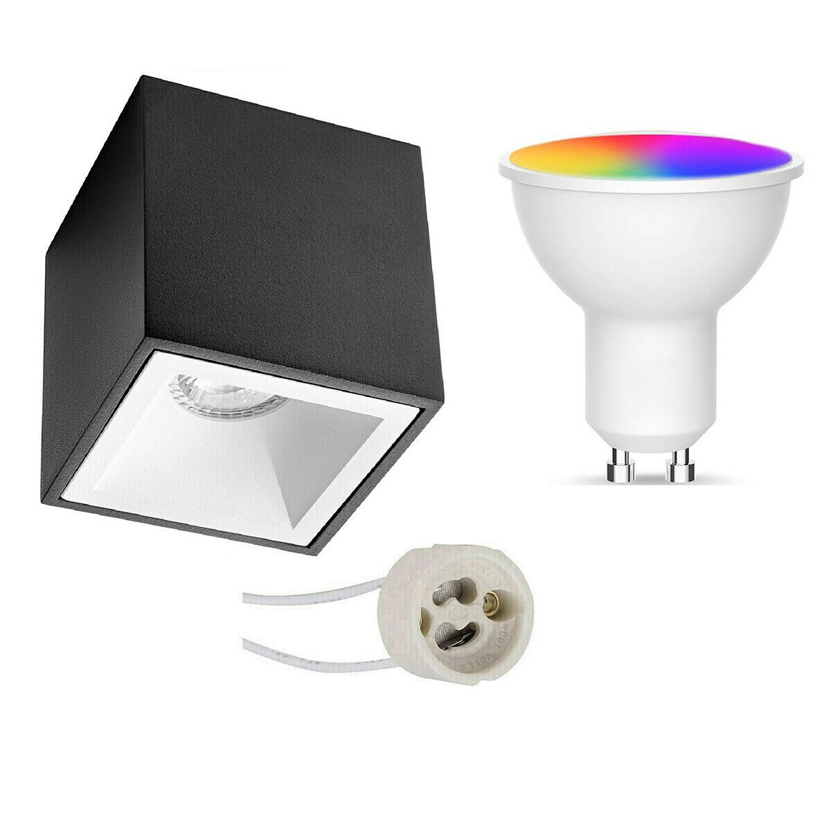 Opbouwspot Set GU10 - Facto - Smart LED - Wifi LED - Slimme LED - 5W - RGB+CCT - Aanpasbare Kleur - Dimbaar - Pragmi Cliron Pro - Opbouw Vierkant - Mat Zwart/Wit - Verdiept - 90mm