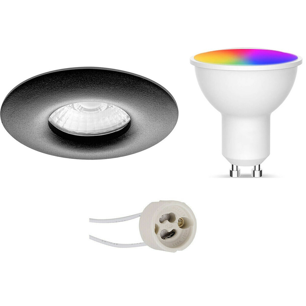 LED Spot Set GU10 - Facto - Smart LED - Wifi LED - Slimme LED - 5W - RGB+CCT - Aanpasbare Kleur - Dimbaar - Pragmi Luno Pro - Waterdicht IP65 - Inbouw Rond - Mat Zwart - Ø82mm