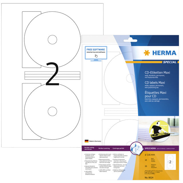 Etiket HERMA 8624 CD 116mm wit opaqua 20stuks