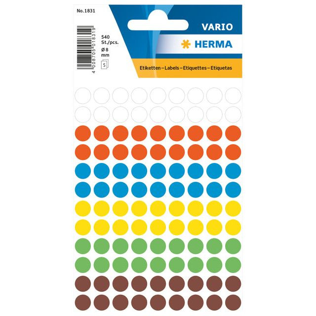 Etiket HERMA 1831 rond 8mm assorti 540stuks | Blister a 5 vel