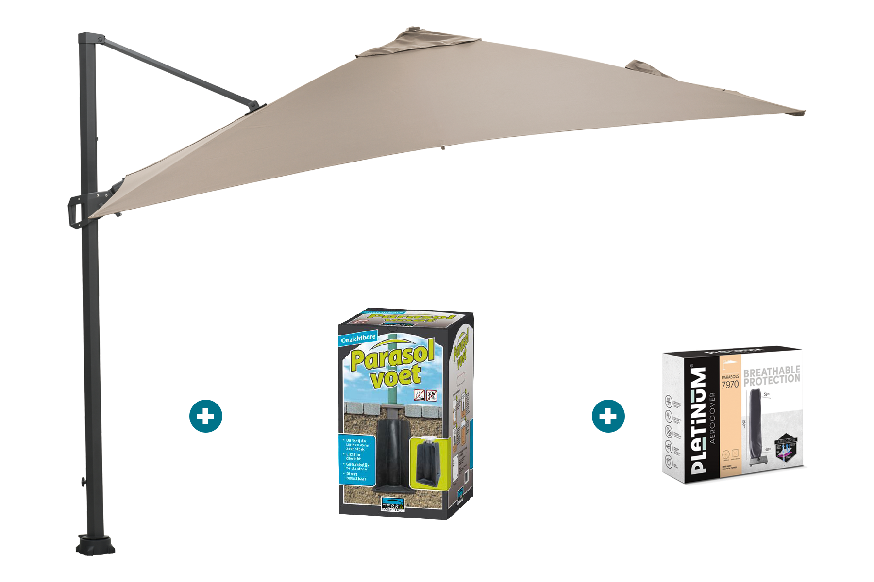 GI Hawaii zweefparasol 300 x 300 cm. - Taupe - met ingraafvoet en hoes