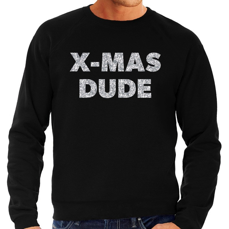 Foute Kersttrui x-mas dude zilveren glitter letters zwart heren