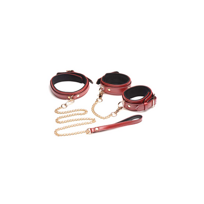 XR Brands 6-Piece Burgundy Bondage Set with Cuffs, Collar and Belt