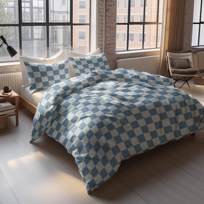 Dekbedovertrek Chess Block - Lits-Jumeaux (240x220 cm) - Blauw Microvezel - Dessin: - Luna Bedding - Dekbed-Discounter.nl