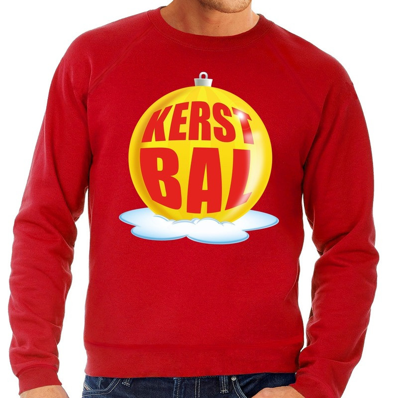 Foute kersttrui kerstbal geel op rode sweater voor heren