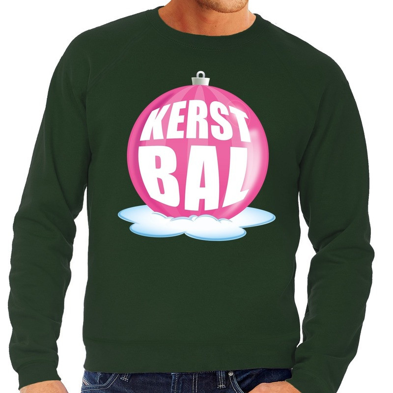 Foute kersttrui kerstbal roze op groene sweater voor heren